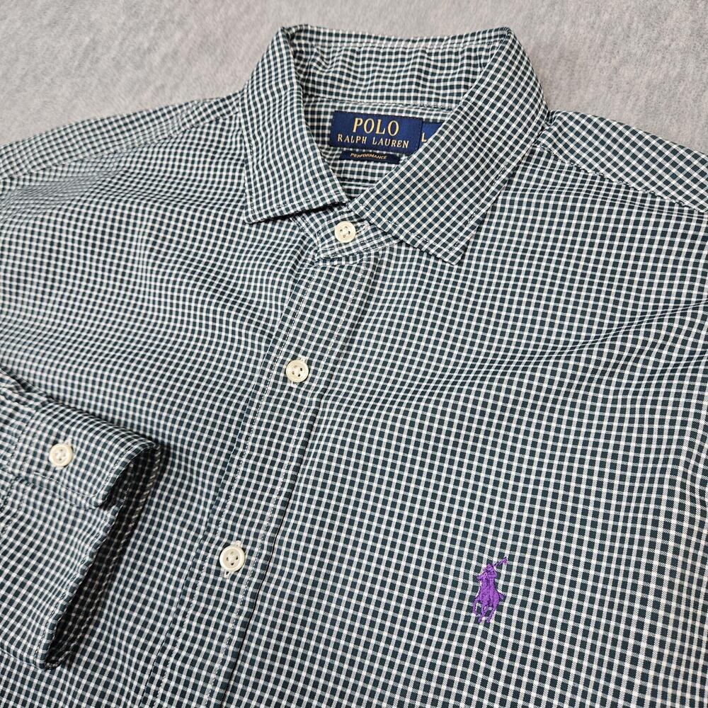 Polo Ralph Lauren Shirt Mens L Performance Green Check Button Up Long Sleeve